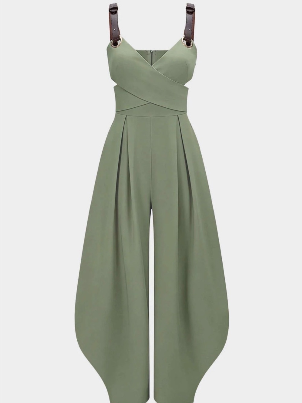 Olive Green Wrap Bodice Wide-Leg Jumpsuit with Buckle Straps